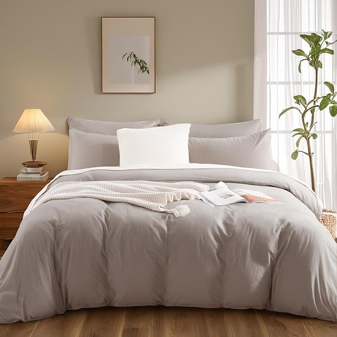 NEXHOME PRO Duvet Cover Set 100% Washed Cotton Oversized King 120"x98" Linen Feel Textured Organic Natural 3 Pieces Bedding Set with Zipper Closure, Breathable (Linen Grey, No Comforter)