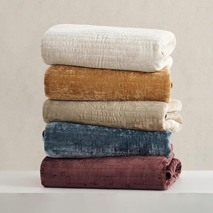 EVERGRACE Velvet Quilt Set California King 118'' x 106'', Luxurious Soft Striped Channel Bedding Set, Lightweight Velvet Comforter for All Season, Oversized Bedspread Coverlet w/ 2 Shams, Beige Taupe