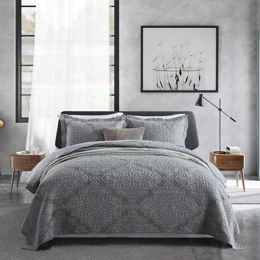 Travan 3-Piece Queen Quilt Set Quilted Bedspread Oversized Microfiber Lightweight Bedspread Coverlet Set with Shams Bedding Set for All Season, Grey, Queen Size