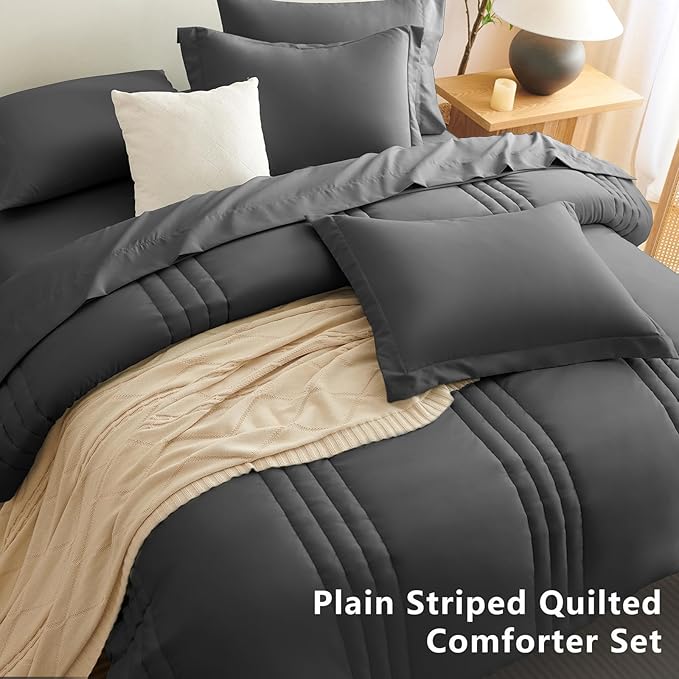 CozyLux King Size Comforter Sets - 7 Piece Bed in a Bag Dark Grey Comforter Set with Sheets Bed Set All Seasons, Soft Bedding Set with Down Alternative Comforter, Sheets, Pillowcases & Shams
