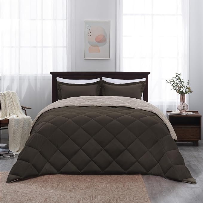 Basic Beyond King Size Comforter Set - Brown Comforter Set King, Reversible King Bed Comforter Set for All Seasons, Brown/Ivory, 1 Comforter (104"x92") and 2 Pillow Shams (20"x36"+2")