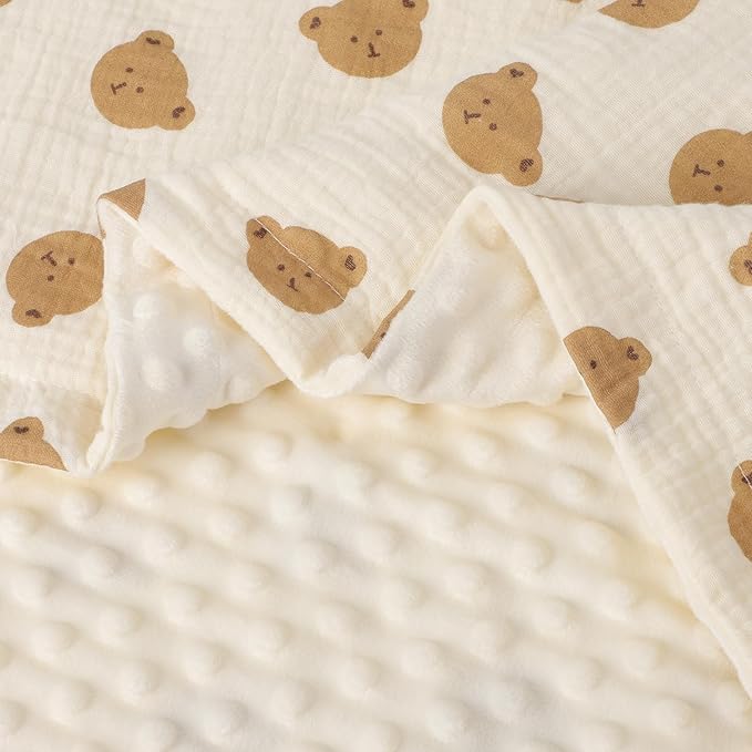 Cotton Muslin Front Fluffy-Backed Baby Swaddle Blankets Double Layer Nursery Plush Dotted Fleece Back Receiving Bed Quilt Blanket for Unisex Newborn Toddler Boys Girls 30 x 41 Inches