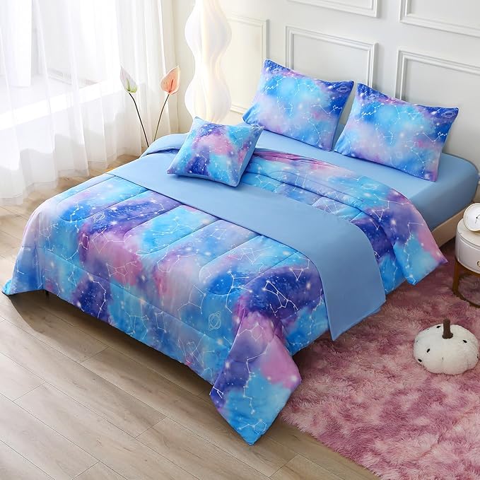 JQinHome Queen Gradient Galaxy Comforter Set for Girls,6 Piece Bed in A Bag 3D Colorful Tie Dye Constellation Print Ombre Bedding Set with Sheets(Blue)