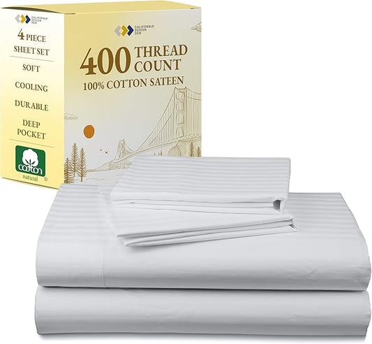 California Design Den Striped Queen Sheet Set - Soft 400 Thread Count Sateen, Natural 100% Cotton Sheets with Deep Pockets, and Durable Bedding Set - Striped White