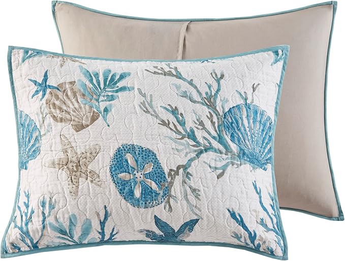 Madison Park Quilt Set Cottage Coastal Design, Starfish Print - All Season, Coverlet Bedspread Lightweight Bedding Layer, Shams, Toss Pillows, King/Cal King(104"x94"), Pebble Beach Aqua 6 Piece