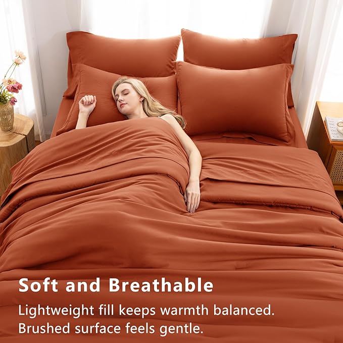 CozyLux King Comforter Set Burnt Orange, 7 Pieces Bed in a Bag Terracotta Comforter Set with Sheets, All Season Boho 7PC Bed Sets with Comforter, Fitted Sheet, Flat Sheet, Pillow Shams and Pillowcases