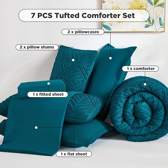 Andency Oversized King Size Comforter Set 7 Pieces Teal - Bed in a Bag Oversized King Boho Lightweight Fluffy Tufted Bedding Sets with Comforter, Sheets, Pillowcases & Shams