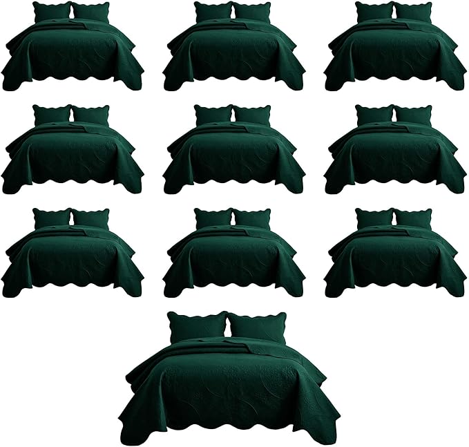 MOONLIGHT20015 10 Pack Twin Quilt Bedding Set (68" x 86") - Bulk Wholesale for Hotels, Guest Bedroom & Airbnbs - Lightweight Microfiber Reversible Floral Embossed Quilts Bedspreads (Emerald)