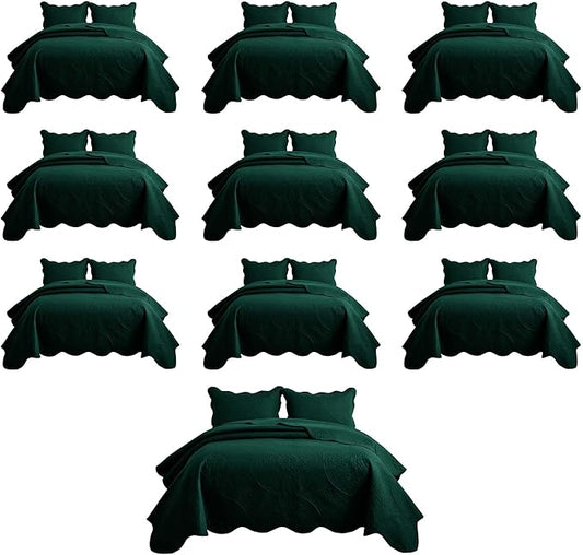MOONLIGHT20015 10 Pack Twin Quilt Bedding Set (68" x 86") - Bulk Wholesale for Hotels, Guest Bedroom & Airbnbs - Lightweight Microfiber Reversible Floral Embossed Quilts Bedspreads (Emerald)