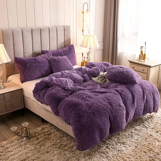 Uhamho Faux Fur Velvet Fluffy Bedding Duvet Cover Set Down Comforter Quilt Cover with Pillow Shams, Ultra Soft Warm (King, Purple)
