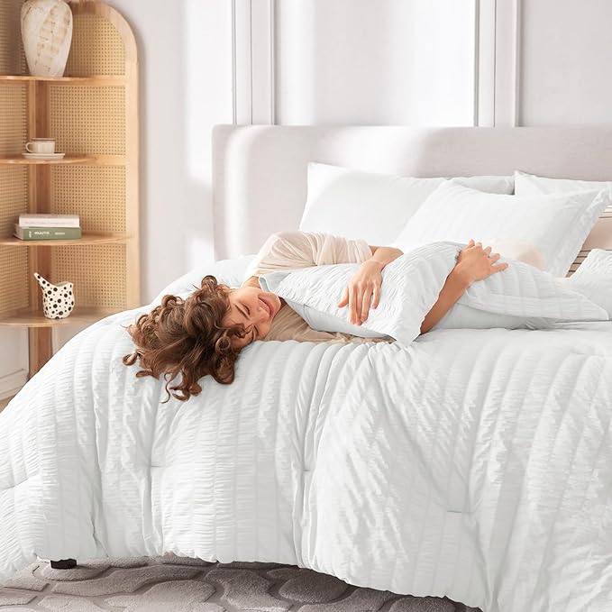 MUXHOMO 7 Pieces California King Comforter Set, Seersucker Bed in a Bag Cal King Size, All Season Luxury Bedding Set with Comforter, Flat Sheet, Fitted Sheet, Pillowcases & Shams, White