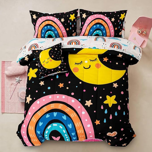 A Nice Night Bedding 6 Pcs Cartoon Rainbow Bedding Set with Smile Moon Printed for Boys Girls Bed Comforter Sets (Black, Full)