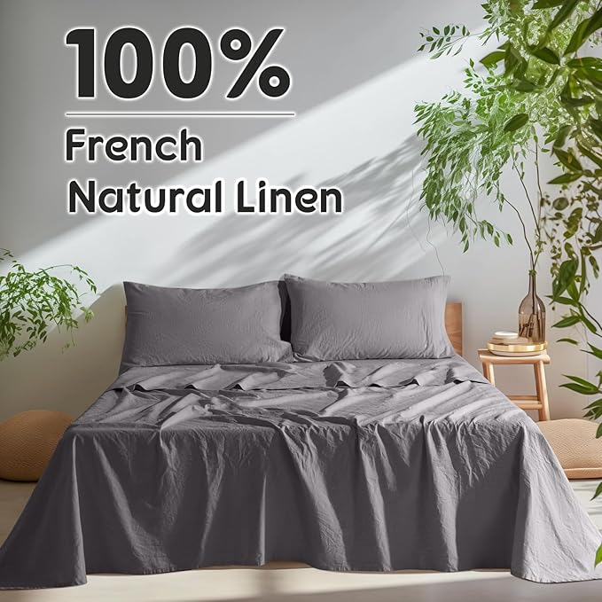 SONORO KATE 100% French Pure Linen Sheets, Breathable and Durable Linen Sheets, Anti-Tear Linen Bed Sheets, Machine Washable, 16 Inch Deep Pocket - 4 Piece (Dark Grey, California King)