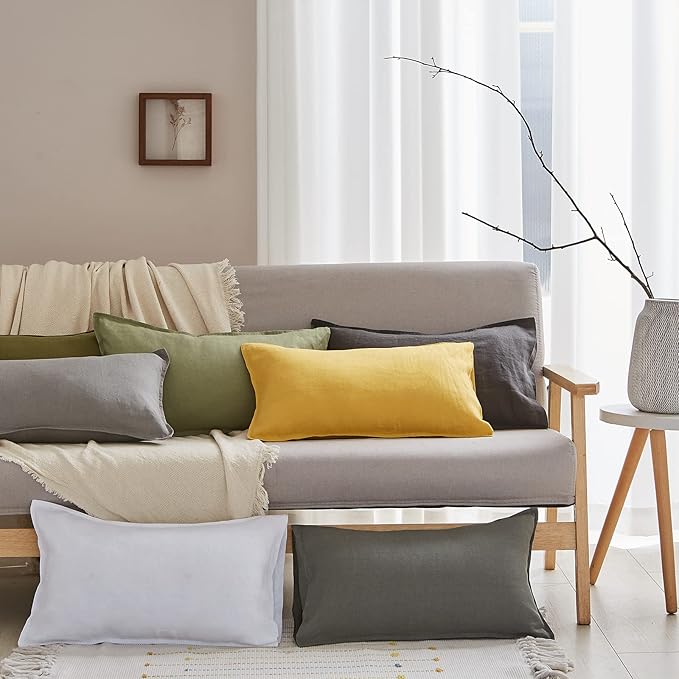 Simple&Opulence 100% Linen Lumbar Pillow Cover 12 x 20 Inches Set of 2 Rectangular Decorative Throw Cushion Cover for Couch Sofa Bed Living Room Office Soft Breathable Farmhouse - Mustard Yellow
