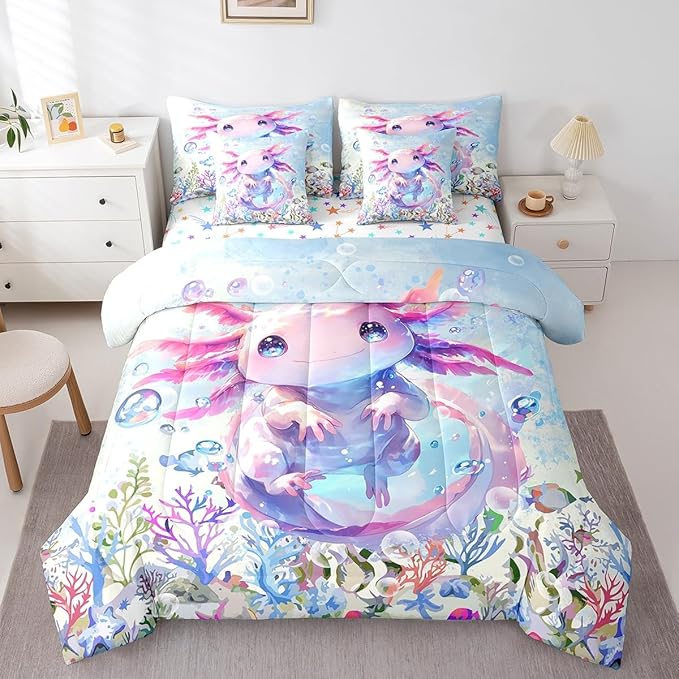 Feelyou Boys Girls Cute Axolotl Comforter Set with Sheets Full Size, Ocean Sealife 7 Pieces Bedding Sets Kids Kawaii Bed in A Bag Cartoon Salamander Bed Set