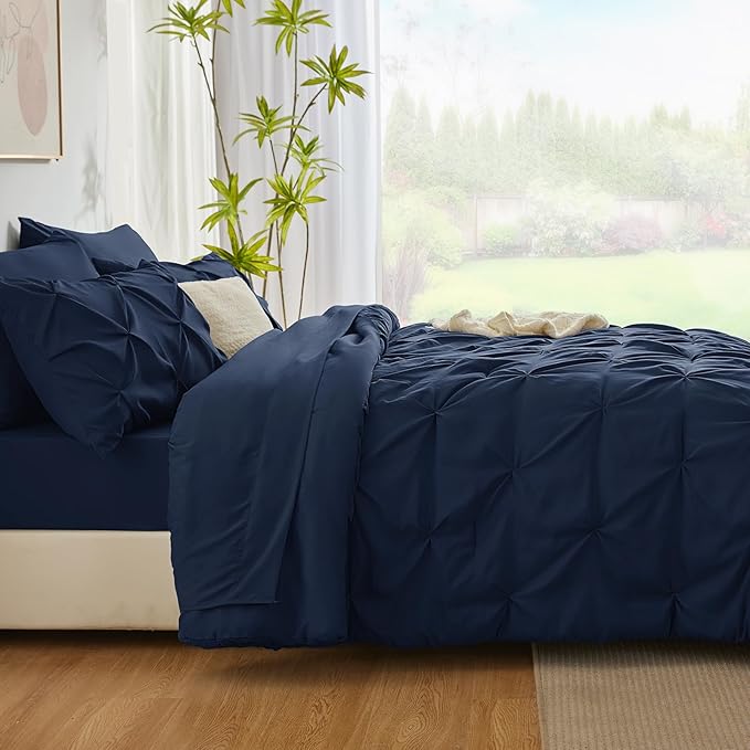 Twin Comforter Set Navy Blue, 5 Pieces Pintuck Bed in A Bag Twin Size Bedding, Soft Bed Set All Season Pinch Pleat Comforter Set with Sheets, Pillowcase & Sham