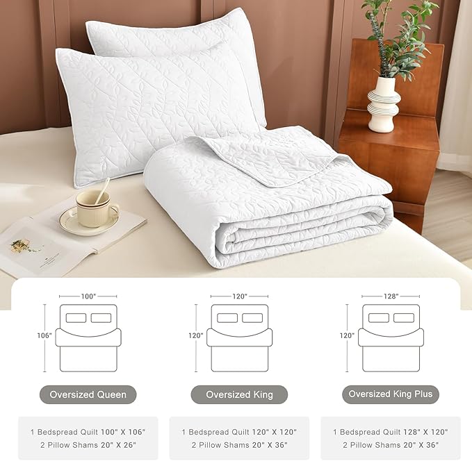 Lady Ann White Oversized King Quilt 120x120, Leaves Pattern Printed Oversized King Bedspreads for Bed, Lightweight & Soft Farmhouse Coverlets All Season Extra Large 3 Pcs Quilted Bedding Sets