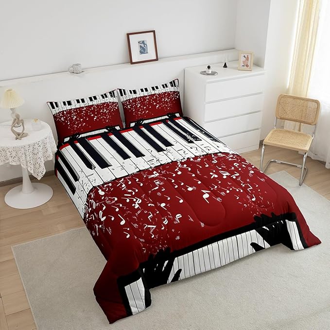 Erosebridal Music Notes Comforter Set for Kids Boys Teens Men Piano Keys Down Comforter Full Size Rock Musical Bedding Set Play Piano Duvet Sets Music Bedroom Decor with 2 Pillow Cases Red Black