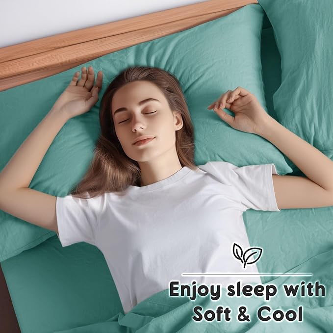 SONORO KATE 100% French Pure Linen Sheets, Breathable and Durable Linen Queen Size Sheets, Anti-Tear Linen Bed Sheets, Machine Washable, 16 Inch Deep Pocket - 4 Piece (Aqua, Queen)