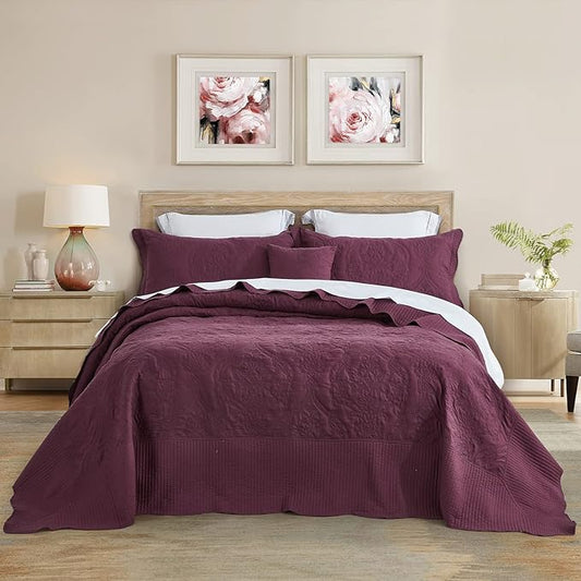 CHIXIN Oversized Bedspread Coverlet Set King Size - Lightweight Bedding Cover - Beautiful Stitching - 5 Piece Reversible Bedspread - Gorgeous Damask Paisley Pattern (King, Purple)