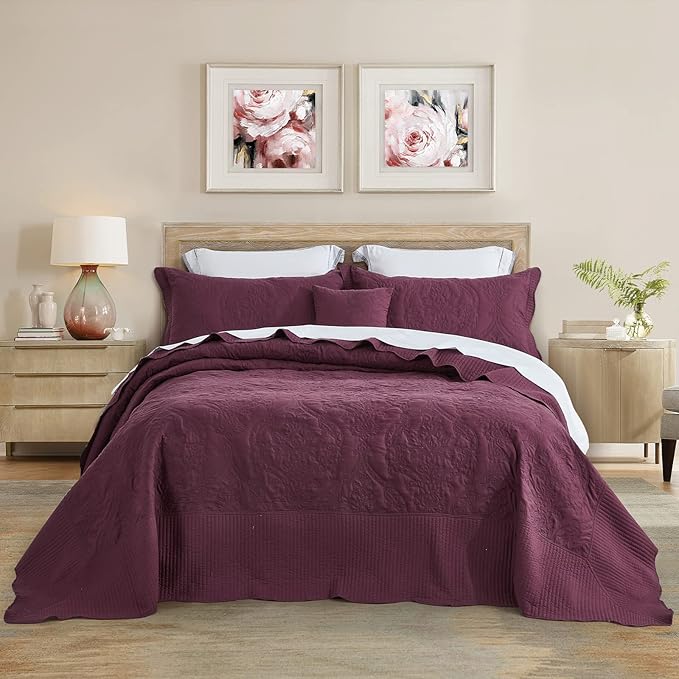 CHIXIN Bedspread Coverlet Quilt Set Full Size - Lightweight Bedding Cover - Beautiful Stitching - 5 Piece Reversible Bedspread - Gorgeous Damask Paisley Pattern (Full, Purple)