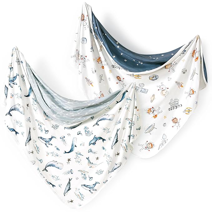 GRSSDER Reversible Baby Swaddle Blankets 2 Pack, Super Soft Jersey Knit Baby Quilt Blanket for Baby Boys, Stretchy Breathable Receiving Blankets 34 x 44 Extra Large for Swaddling, Sea Fish & Space