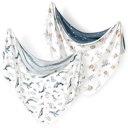 GRSSDER Reversible Baby Swaddle Blankets 2 Pack, Super Soft Jersey Knit Baby Quilt Blanket for Baby Boys, Stretchy Breathable Receiving Blankets 34 x 44 Extra Large for Swaddling, Sea Fish & Space