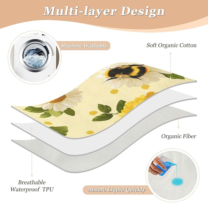 Waterproof Bed Pad Reusable Changing Pad Toddler Mattress Protector Large Pee Pad Baby Diaper Pad Soft Washable Liner Yellow Dotty Bee and Daisy