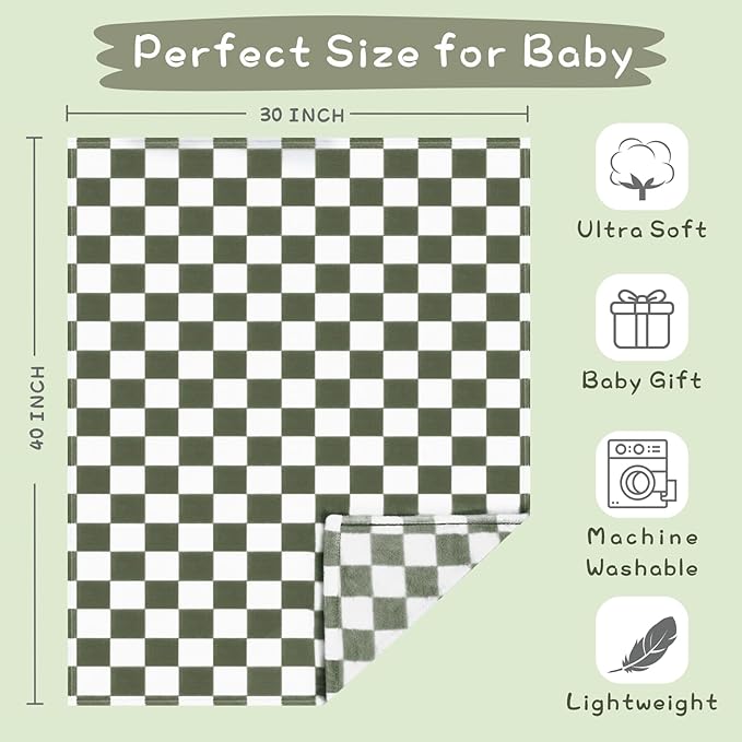 Yurhap Checkered Baby Blanket Fleece Baby Blankets for Boys, Ultra Soft Cozy Fluffy Infant Toddler Newborn Receiving Blankets for Crib Stroller, 30''x40'', Dark Olive