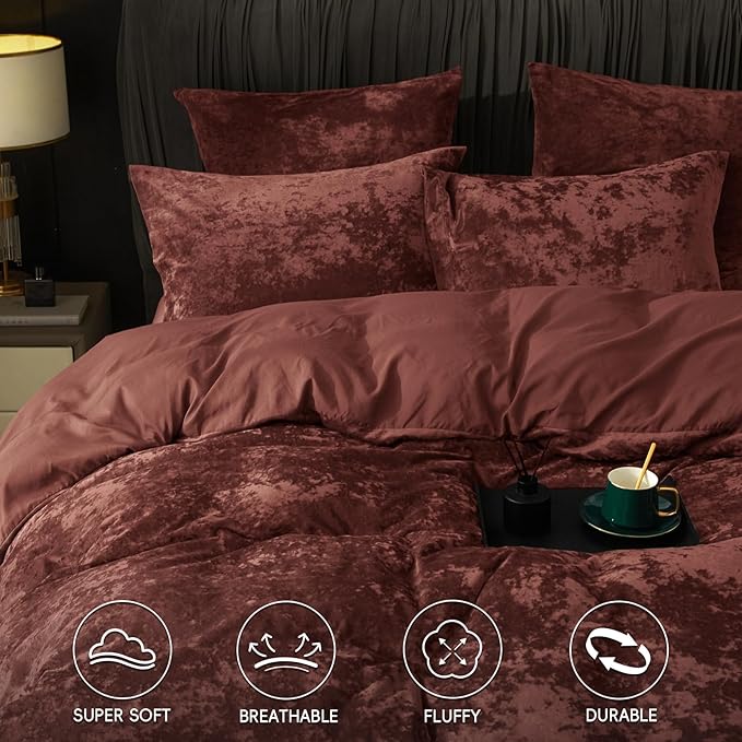 PHF Truly Velvet Duvet Cover Set Twin Size, 2pcs Ultra Soft Breathable Comforter Cover Set, Luxury Cozy Flannel Duvet Cover with Pillow Shams Bedding Collection, 68" x 90", Burgundy/Rust Red