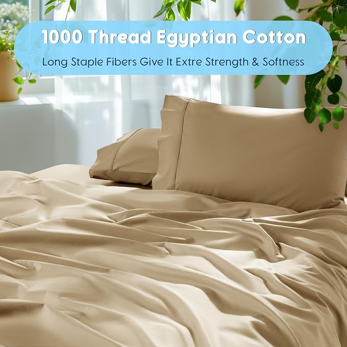 SONORO KATE 100% Egyptian Cotton Sheets Set, Extra Deep Pocket up to 18"-24",1000 High Thread Count, Soft & Breathable 5-Star Hotel Sateen Bed Sheets - 4 PC (Beige,Queen)