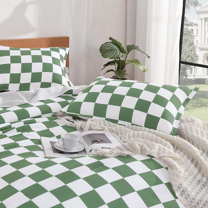 Andency Green Checkered Comforter Twin(66x90Inch), Plaid Gingham Buffalo Grid Bedding Comforter Sets for Boys Kids Teens, 2 Pieces Lightweight Microfiber Geometric Preppy Bed Set