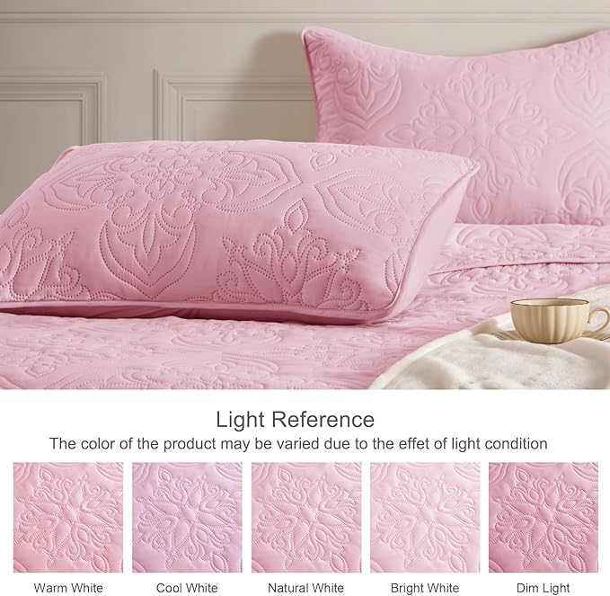 Whale Flotilla Soft Twin Quilt Bedding Set for All Seasons, Elegant Vintage Damask Ultrasonic Quilts Set, Lightweight Reversible Bedspread, Coverlet, Bed Cover with 1 Pillow Sham, Pink