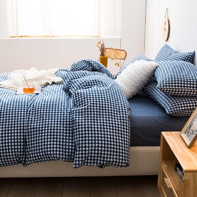 LifeTB Royal Blue Gingham Duvet Cover Queen 100% Washed Cotton Blue Plaid Grid Duvet Cover 3 Pieces Soft Comfy Checkered Comforter Cover with 2 Pillowcases Luxury Gingham Plaid Bedding Set