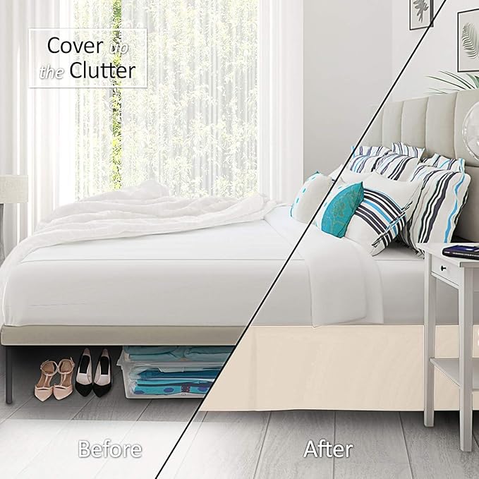 Pleated Bed Skirt 20 Inch Drop King Size – Wrinkle-Free Microfiber – Dust Ruffle with Split Corners Ivory