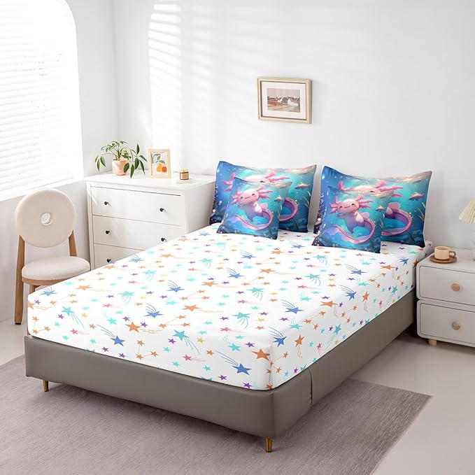 Feelyou Kids Cute Axolotl Bed in A Bag Twin Size, Cartoon Salamander Comforter Set with Sheets Kawaii Animal 7 Pieces Bedding Set Boys Girls Ocean Sealife Teens Bed Set Bedroom Decor 7Pcs