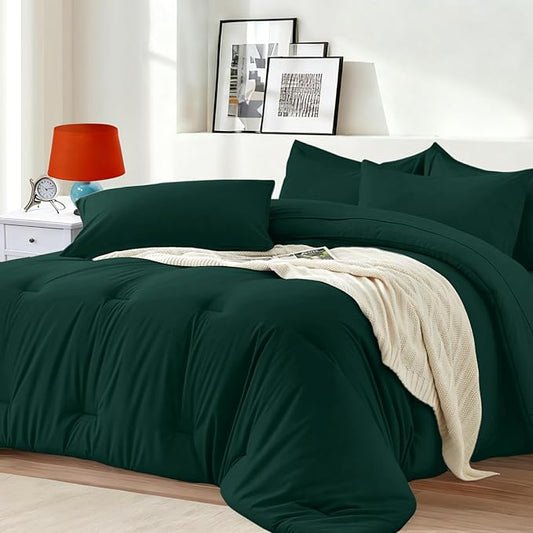 Full Comforter Set 7 Piece - Soft Bed in a Bag Queen Size Comforter Sets, Cozy Luxury Bedding Sets with All Season Comforter, Flat Sheet, Fitted Sheet,2 Pillowcases & 2 Shams, Dark Green