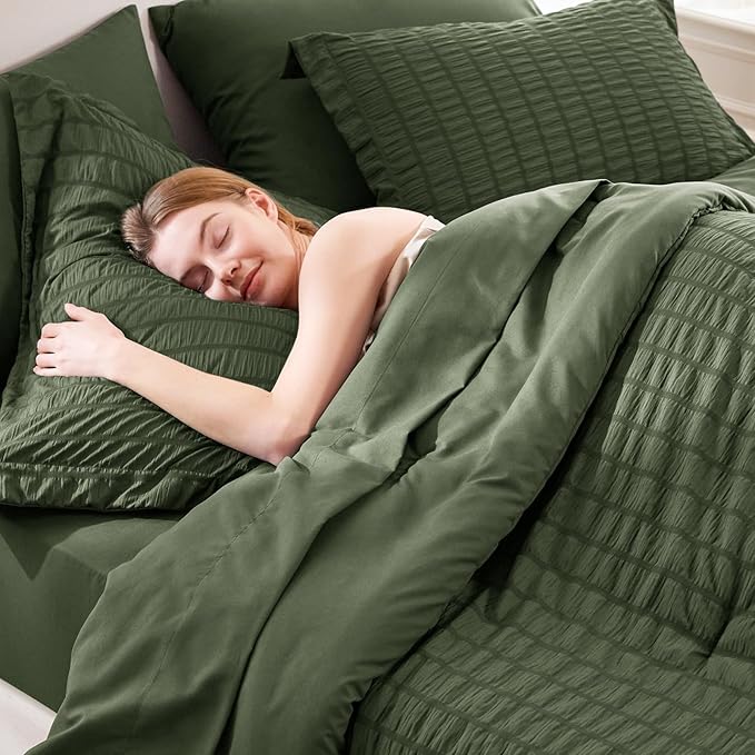 CozyLux Full Size Comforter Sets with Sheets Seersucker 7 Pieces Olive Green Bed in a Bag Textured Luxury Soft Bedding Set with Down Alternative Comforter, Sheets, Pillowcases & Shams for All Seasons