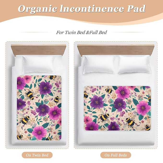 Waterproof Bed Pad Reusable Changing Pad Toddler Mattress Protector Large Pee Pad Baby Diaper Pad Soft Washable Liner Beige Bees and Colorful Flowers