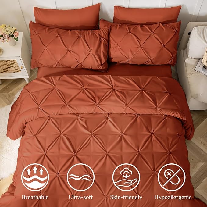 JOLLYVOGUE Full Size Comforter Sets 7 Pieces - Bed in a Bag Full for All Season, Pintuck Bedding Comforter Sets with Comforter, Flat Sheet, Fitted Sheet and Pillowcases & Shams, Burnt Orange