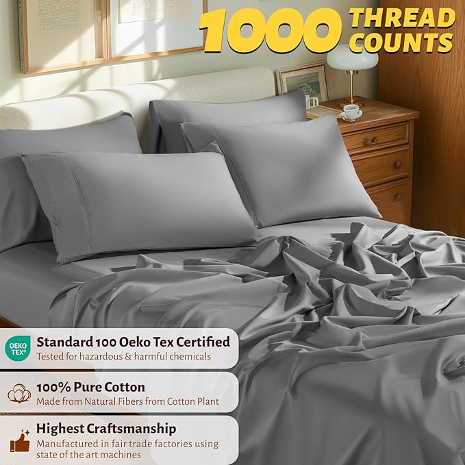 Shilucheng 100% Egyptian Cotton Queen Size Sheets Set - 1000 Thread Count，Luxury Cotton Bed Sheets，Breathable & Cooling Bedding and Pillow Cases, 16 Inch Deep Pocket - 6 Piece (Grey, Queen)