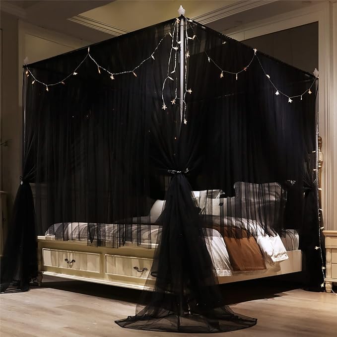 VETHIN 4 Corners Post Princess Bed Canopy Curtain Double Layer Cozy Drape Netting 4 Opening Mosquito Net for Girls & Adults Bedroom Decoration Accessories (Double Black, 53" W*78" L*82"*H/(Full))