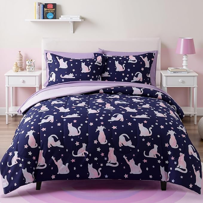 Full Comforter Set for Girls Kids - 7 Pieces Cute Cat Full Size Bedding Sets for Kids, Soft Cozy Bed in A Bag with Sheets