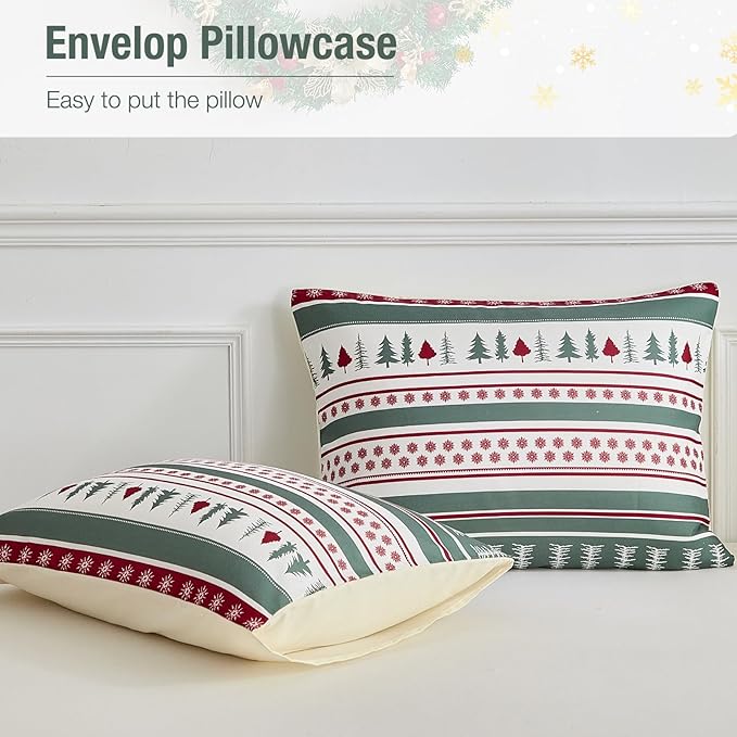 Lekesky Christmas Duvet Cover King Size,3 Pieces Reversible Green Christmas Reindeer Snowflake Holiday Bedding Set with Zipper Closure and 8 Corner Ties(1 Duvet Cover 104×90 inches + 2 Pillowcases)