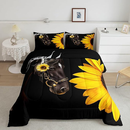 Erosebridal Horse Comforter Set Full,Sunflower Horse Bedding Set for Boys Girls Teens Adults,Western Cowboy Farmhouse Down Comforter Farm Animal Quilt Duvet Sets Bedroom Decor 2 Pillow Cases Black
