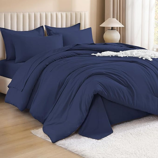 Litanika California King Comforter Set Navy Blue - 7 Pieces Bed in a Bag Cal King Bedding Comforter Sets, Plain Lightweight Bed Set with Comforter, Sheets, Pillowcases & Shams