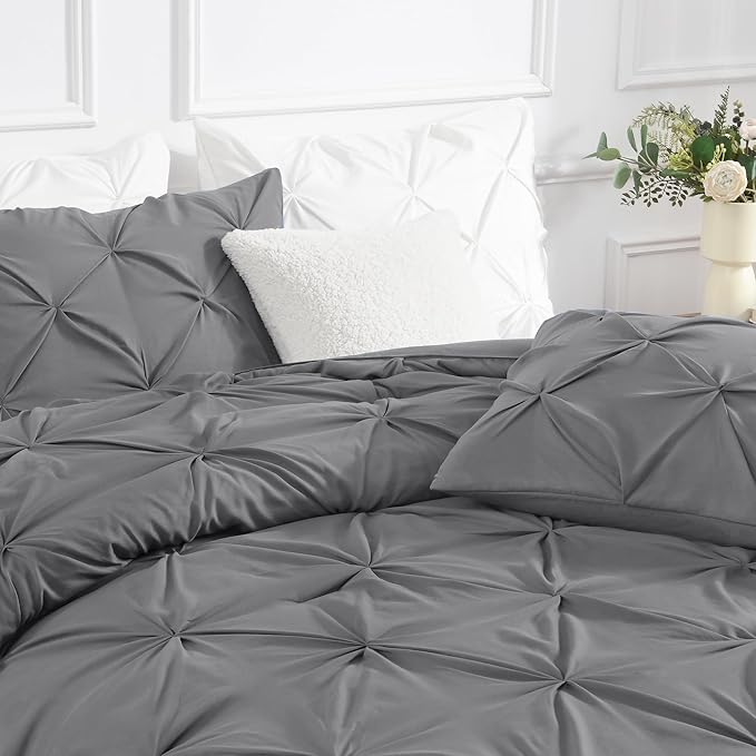 Andency California King Comforter Set Medium Gray (104x96Inch), Pinch Pleat Cal King Comforter Set 3 Pieces, Oversized King Pintuck Bed Comforter, Microfiber Down Alternative Comforter Bedding Set
