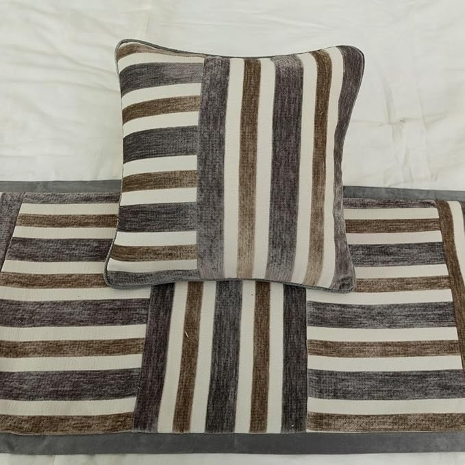 The HomeCentric King/Queen/Twin Beige & Grey Decorative CA King 86"x18" Bed Runner with 2 Pillow Cover, Patchwork Bed Scarf on Velvet Fabric - Striation
