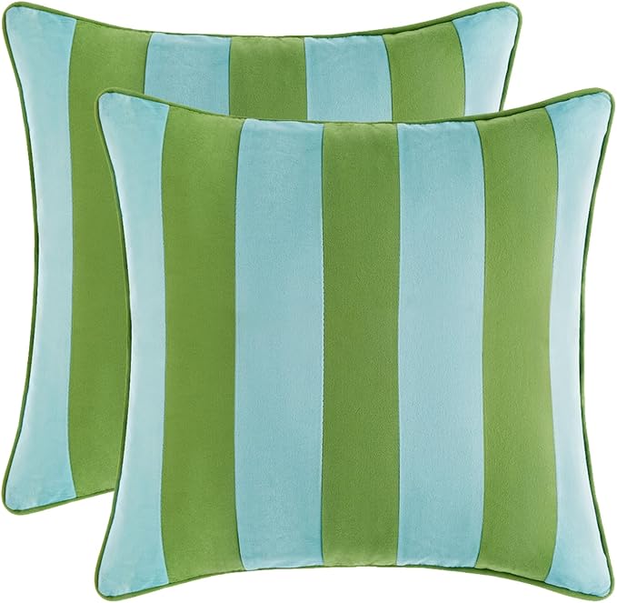 MONDAY MOOSE Decorative Throw Pillow Covers Cushion Cases, Set of 2 Soft Velvet Striped Piping Edge Designs, Pillow Inserts Not Included (20x20 inch, Light Green/Light Blue)