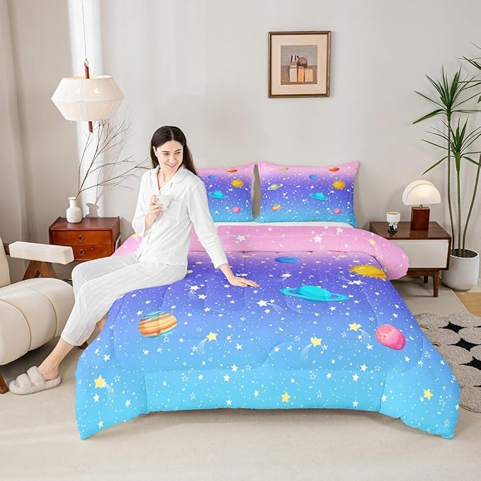 Erosebridal Cute Galaxy Comforter Set King for Boys Girls Kids Stars Planet Space Bedding Set Kawaii Rainbow Pastel Bedding Comforter Sets Pink Blue Purple Ombre Cartoon Quilt Duvet 2 Pillow Cases